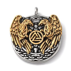 Antique Silver & Antique Golden Ion Plating(IP) 304 Stainless Steel Pendants, Flat Round with Eagle & Valknut Charm, Antique Silver & Antique Golden, 44.5x39x7.5mm, Hole: 5mm
