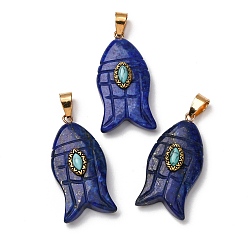Ляпис-Лазурь Резные подвески из натурального лазурита и синтетической бирюзы, амулеты в виде рыбок с латунными дужками, золотые, окрашенные, 35x17.5x7.5~8 мм, отверстие : 4.3x6.5 мм