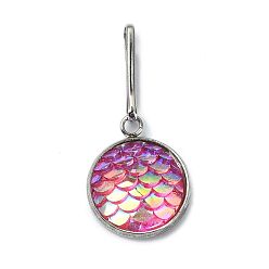 Magenta Resin Flat Round with Mermaid Fish Scale Keychin, with Iron Keychain Clasp Findings, Magenta, 2.7cm
