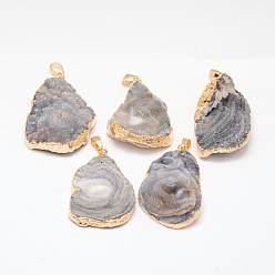 Golden Nuggets Natural Druzy Agate Pendants, with Brass Findings, Golden, 40~60x22~35x5~15mm, Hole: 7x5mm