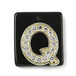 Letter Q Природные подвески обсидиана, прямоугольные подвески с латунной микропаве прозрачной кубической циркониевой буквой, реальный 18 k позолоченный, долговечный, стойки покрытие, Буква Q, 21x18x5 мм, отверстие : 1.4 мм