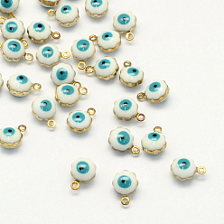 White Golden Tone Brass Enamel Charms, Flower with Eye, White, 9x7x5mm, Hole: 1mm