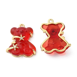 Red Transparent Resin Crystal Rhinestone Pendants, Bear Charms, with Rack Plating Real 18K Gold Plated Brass Findings, Long-Lasting Plated, Cadmium Free & Lead Free, Red, 23.5x20.5x9mm, Hole: 1.6mm