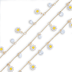 Yellow Handmade Crystal Rhinestone & Enamel Flower Charms Chains, with Golden Brass Bar Link Chains, Unwelded, with Spool, Nickel Free, Yellow, 4x2x0.5mm, about 16.40 Feet(5m)/Roll