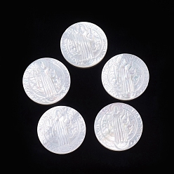 White Shell Natural White Shell Cabochons, Religion, Flat Round with Saint Benedict, 11.5x2.5mm