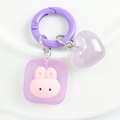 Lilac Luminous Resin Keychain, with Iron Key Rings, Glow In The Dark, Heart & Square with Rabbit, Lilac, 2.1x1.8cm