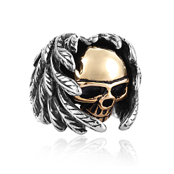 Antique Silver & Antique Golden Two Tone Stainless Steel Feather with Skull Finger Ring, Halloween Chunky Ring for Women, Antique Silver & Antique Golden, US Size 7(17.3mm)