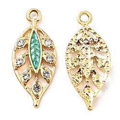 Turquoise Zinc Alloy Pendants, with Enamel and Rhinestone, Golden, Hollow, Leaf Charm, Turquoise, 24.5x10.5x2.2mm, Hole: 1.8mm