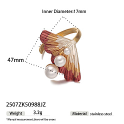 Лист 304 Открытые кольца-манжеты из нержавеющей стали, прозрачного кубического циркония и пластикового жемчуга, золотые, лист, 17 мм