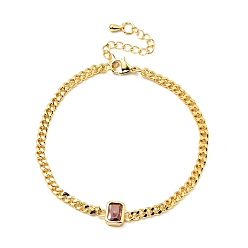 Orange Red Cubic Zirconia Rectangle Link Bracelet with Curb Chains, Gold Plated Brass Jewelry for Women, Lead Free & Cadmium Free, Orange Red, 7-1/8 inch(18.2cm)