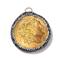 Золотой Стойка гальваническая латунная с подвесками из струйных стразов, плоские круглые с человека, без кадмия и без свинца, золотые, 46x41x7.5 мм, отверстие : 3.5x6 мм