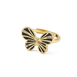 Black Enamel Butterfly Adjustable Ring, Real 18K Gold Plated Brass Jewelry for Women, Lead Free & Cadmium Free, Black, Inner Diameter: 17mm