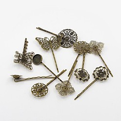 Antique Bronze Brass Hair Bobby Pin Findings, Mixed Style, Antique Bronze, 63~70x16~31x1~2mm