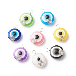 Silver Transparent Evil Eye Resin Pendants, with Copper Wire Wrapped, Mixed Color, Flat Round Charm, Silver, 27~27.5x20x9mm, Hole: 4~4.5mm