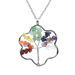 Mixed Stone Natural Mixed Stone Chips Beaded Flower with Tree Pendant Necklaces, with Platinum Brass Chains, 20.87 inch(53cm)