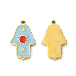 Golden Ion Plating(IP) 304 Stainless Steel Manual Polishing Charms, with Enamel, Hamsa Hand/Hand of Miriam with Sun, Golden, 12x7.5x1.5mm, Hole: 0.9mm