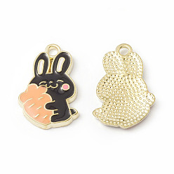 Black Alloy Enamel Pendants, Rabbit with Carrot Charm, Golden, Black, 21x13.5x2mm, Hole: 2mm