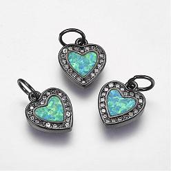 Gunmetal Brass Micro Pave Cubic Zirconia Charms, with Synthetic Opal, Heart, Gunmetal, 12x10x2mm, Hole: 4mm