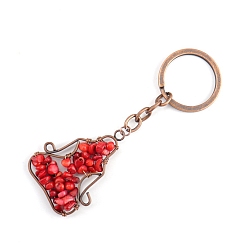Synthetic Coral Copper Wire Wrapped Synthetic Coral Chips Yoga Pendant Keychains, for Car Key Backpack Pendant Accessories, 10x4.5cm