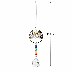 Colorful Big Pendant Decorations, Hanging Sun Catchers, Chakra Theme K9 Crystal Glass, Flat Round with Tree of Life, Colorful, 34.8cm