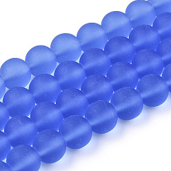 Royal Blue Transparent Glass Beads Strands, Frosted, Round, Royal Blue, 9.5~10mm, Hole: 1.5mm, about 41~42pcs/strand, 14.88~15.12 inch(37.8~38.4cm)