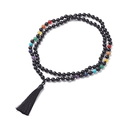 Noir Collier bouddhiste en bois et pierres précieuses mélangées naturelles et synthétiques, collier lariat pompon en polyester pour femme, noir, 40.16 pouce (102 cm)