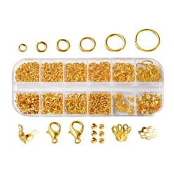 Golden DIY Jewelry Making Finding Kit, Including Brass Jump Rings, Zinc Alloy Lobster Claw Clasps, Iron Spacer & Bead Caps & Bead Tips, Brass Crimp Beads, Golden