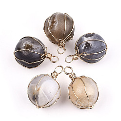 Light Gold Natural Druzy Geode Agate Pendants, Wire Wrapped Pendants, with Brass Wire, Round, Light Gold, 30~33x20~21mm, Hole: 3.5~4.5mm