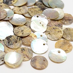 Tan Flat Round Natural Akoya Shell Pendants, Mother of Pearl Shell Pendants, Tan, 15x1mm, Hole: 1~1.5mm, about 1440pcs/bag