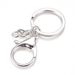 Platinum Iron Split Key Rings, Keychain Clasp Findings, with Alloy Lobster Claw Clasps and Iron Curb Chains, Platinum, 68mm