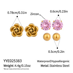 Pink 3 пары 304 комплекты сережек из нержавеющей стали, цветок и плоский круг, с кубического циркония, золотые, розовые, 5~7.8 мм