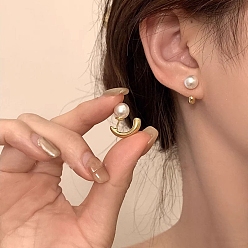 Golden Plastic Pearl Stud Earrings, Alloy Front Back Stud Earrings with 925 Sterling Silver Pins, Golden, 50x50mm