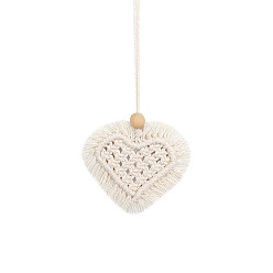 Snow Heart Shaped Boho Handmade Macrame Cotton Hanging Ornament, for Car Rear View Mirror Decoration, Snow, 80x95mm