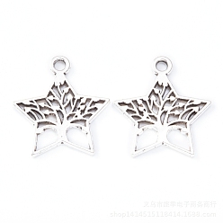 Antique Silver Alloy Pendants, Star with Tree of Life, Antique Silver, 23x21mm