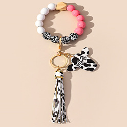 Pink and white leopard print wooden bead tassel bracelet. Leopard Print Tassel Wood Bead Bracelet - MAMA Letter Wood Pendant Tassel Keychain Backpack Car Pendant.