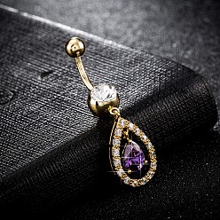 Purple Piercing Jewelry, Brass Cubic Zirconia Navel Ring, Belly Rings, with 304 Stainless Steel Bar, Cadmium Free & Lead Free, Real 18K Gold Plated, teardrop, Purple, 43x12mm, Bar Length: 3/8"(10mm), Bar: 14 Gauge(1.6mm)
