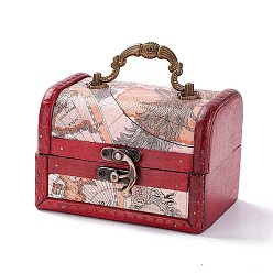 Misty Rose Vintage Wooden Jewelry Box, Pu Leather Decorative Treasure Chest Boxes, with Carry Handle and Latch, Rectangle with Map Pattern, Misty Rose, 11.9x9.05x9cm