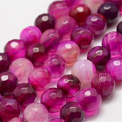Magenta Faceted Natural Striped Agate/Banded Agate Beads Strands, Round, Dyed & Heated, Magenta, 4mm, Hole: 0.8mm, about 86pcs/strand, 14 inch(35.6cm)