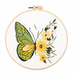 Yellow Green Insect Butterfly DIY Embroidery Kits, Including Printed Fabric, Embroidery Thread & Needles, Embroidery Hoop, Yellow Green, 200mm