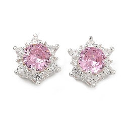 Pink Латунные звенья с инкрустацией кубическим цирконием, шестиугольный цветок, 925 серебро покрытием, розовые, 14x13.5x7.5 мм, отверстие : 1.8 мм