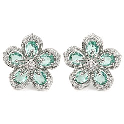 Аквамарин Серьги-гвоздики с кубическим цирконием, стеллаж для латунных украшений для женщин, платина, аквамарин, 19x19.5 мм