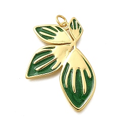 Темно-Зеленый Латунь эмаль подвески, с целью перехода в кольце, без свинца и без кадмия, реальный 18 k позолоченный, цветочный шарм, темно-зеленый, 33.5x24.5x2 мм, отверстие : 3.3 мм