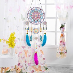Flower DIY Diamond Painting Web with Feather Wind Chime Kits, Including Resin Rhinestones, Diamond Sticky Pen, Tray Plate and Glue Clay, Flower, Pendant: 545~580mm