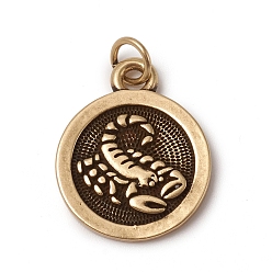 Scorpio Brass Pendants, with Jump Rings, Long-Lasting Plated, Flat Round with 12 Constellation/Zodiac Sign, Antique Bronze, Scorpio, 18.5x15x2mm, Jump Ring: 5x0.7mm, Inner Diameter: 3.6mm