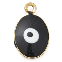 Черный Подвески из латуни с покрытием из эмали, долговечный, без свинца и без кадмия, реальный 18 k позолоченный, овал с рисунком от сглаза, чёрные, 11x7x2 мм, отверстие : 1 мм