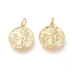 Real 20K Gold Plated Brass Pendants, with Jump Rings, Long-Lasting Plated, Flat Round with Angel, Real 18K Gold Plated, 17.5x15.5x1.8mm, Hole: 3mm