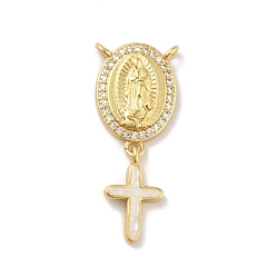 White Brass Charms, with Shell, Cadmium Free & Lead Free, Long-Lasting Plated, Oval with Saint & Cross, Real 18K Gold Plated, White, 30mm, Hole: 1.5mm