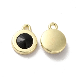 Black Alloy Pendant, with Glass, Light Gold, Lead Free & Cadmium Free, Falt Round Charm, Black, 12.5x10x4mm, Hole: 1.5mm