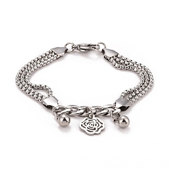 Stainless Steel Color 304 Stainless Steel Triple Layered Multi-strand Bracelet, Flower Charm Bracelet for Women, Stainless Steel Color, 7-1/2 inch(19cm)