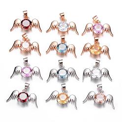 Mixed Color Brass Cubic Zirconia Pendant, Angel Wings, Mixed Color, 11.5x21x5mm, Hole: 4x5mm